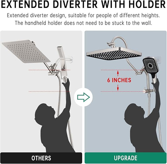 13 Inch Rainfall Shower Head with Multi-Function Handheld Sprayer Combo, 3-Way Metal Extended Diverter with Holder and Metal Adjustable Curved Shower Extension Arm, Extra Long Hose Brushed Nicke