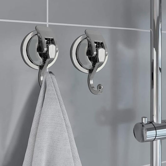 Heavy Duty Suction Cup Hooks for Shower, Bathroom Robe - Vacuum Glass Hooks, Reusable, No Hole Punched, for Garland Decoration (Silver, 2 Pack)