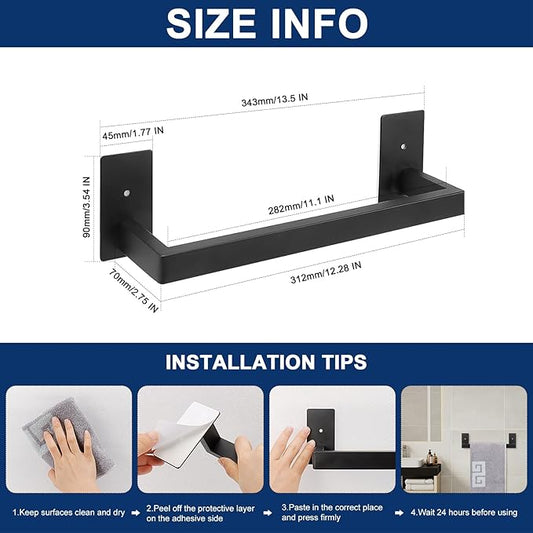 NearMoon Self Adhesive Bathroom Towel Bar, Stainless Steel Square Bath Wall Shelf Rack Hanging Towel Stick On Sticky Hanger Contemporary Style, Towel Rack Wall Mounted (12 Inch, Matte Black)
