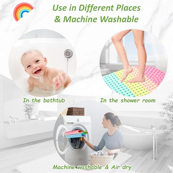 Baby & Toddler Bath Mat for Tub,Silicone Non Slip Bathtub Mat for Kids with 27 x 15 Inches for Storage, Rainbow Bathbub Mat with Push Pop Bubbles, Machine Washable Shower Mat, Colorful, Oval