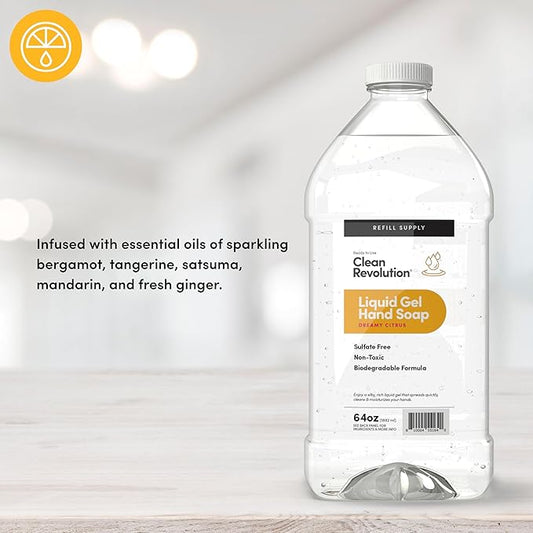 Clean Revolution Liquid Gel Hand Soap, Silky Rich Liquid, Quick Lather, Fast Rinsing, Contains Real Essential Oils (Dreamy Citrus) 64 Fl Oz