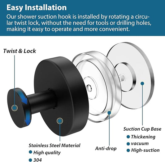 Suction Cup Hooks for Shower, 2 PCS No-Drill Towel Holder for Bathrooms Wall, Glass Door, Mirror, Tiles, Kitchen, Hold Robe & Wreath, Hanging up to 15 lbs – Waterproof & Rustproof, Matte-Black