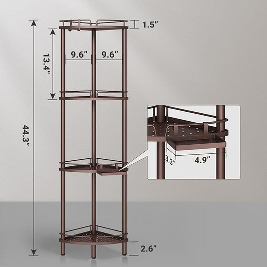 ELYKEN Corner Shower Caddy Standing, 4 Tier Rustproof Metal Shower Organizer with Soap Holder, Floor Shower Corner Shelf Rack Storage Stands with Adjustable Feet & 2 Hooks for Bathroom, Bronze