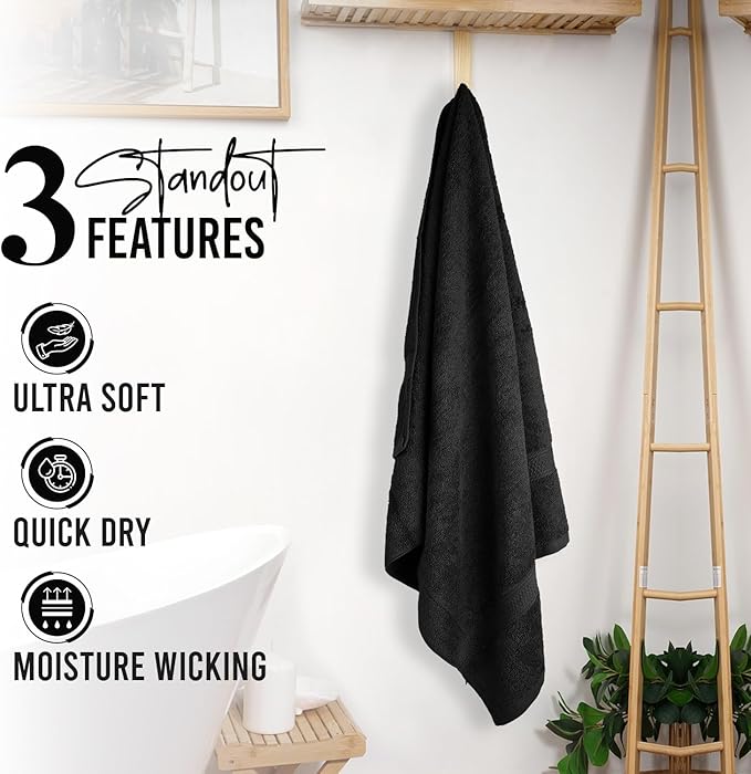 RIVERSIDE 100% Ring Spun Cotton Large Bath Towels Set of 4, 27 x 54 Inches ā Quick Dry, Soft & Highly Absorbent Towels for Shower & Bathroom ā Luxury 600 GSM Towels for Home, Spa, Gym, Hotel, Black
