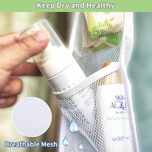 Mesh Shower Caddy Hanging, 7 Pocket Organizer, Premium Polyester, Foldable, Lightweight, Portable, White-1Pack