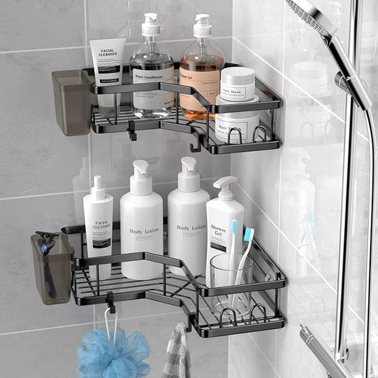 Corner Shower Caddy, 2 Pack Adhesive Shower Corner Organizer Shelves, No Drilling Stainless Steel Shower Storage Rack with Hooks&Toothpaste Holder for Bathroom Kitchen (for 90° Corners Only)