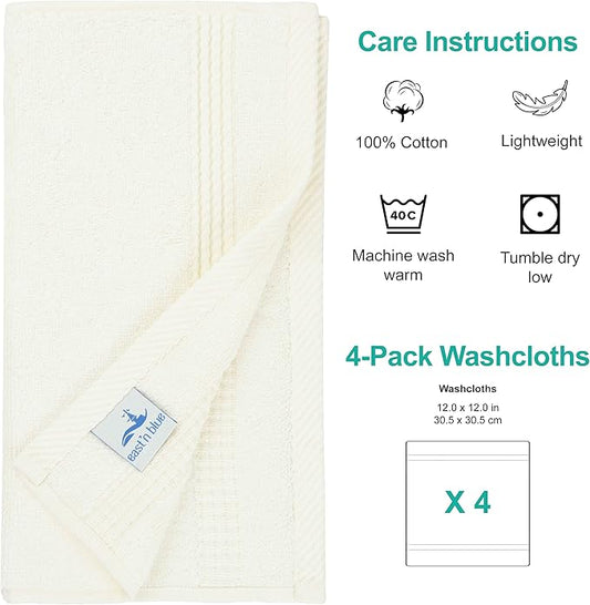EastNBlue Lara 100% Turkish Cotton Washcloths 4 Pack, Extra Soft & Absorbent Wash Cloths for Face & Body (12" x 12"), Terry Cloth, Small Hand Towels for Bathroom, Cream