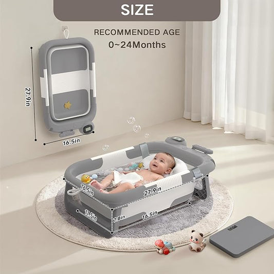 Collapsible Baby Bathtub for Newborn to Toddler (0-24 Months), Portable Baby Bath Tub for Travel, Newborn Bathtub with Soft and Supportive Cushion (Astronaut-Gray)