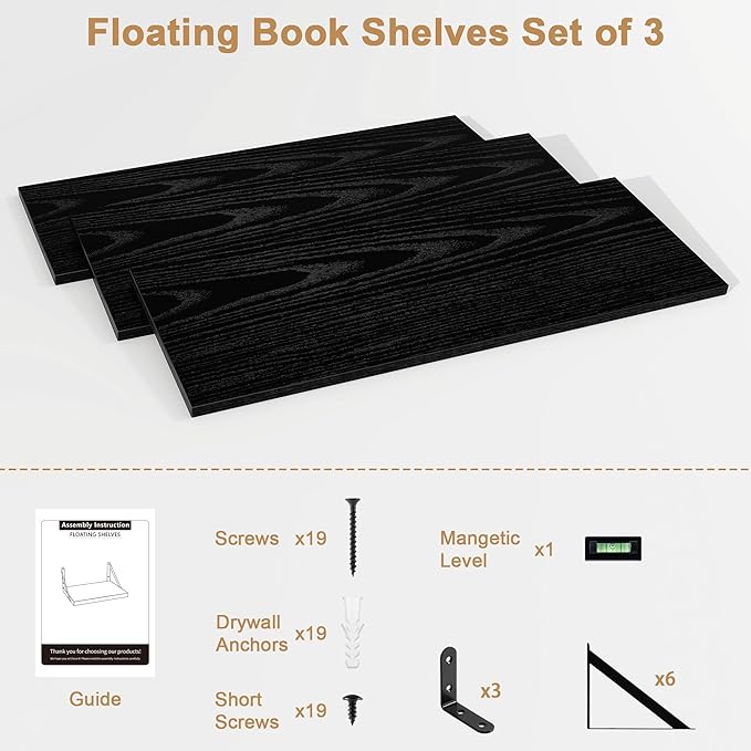 Fun Memories Floating Shelves for Wall, 36 Inches Long Set of 3 Wall Shelves for Bedroom, Floating Bookshelves with Metal Brackets for Living Room, Kitchen, Bedroom and Laundry Room (Black)