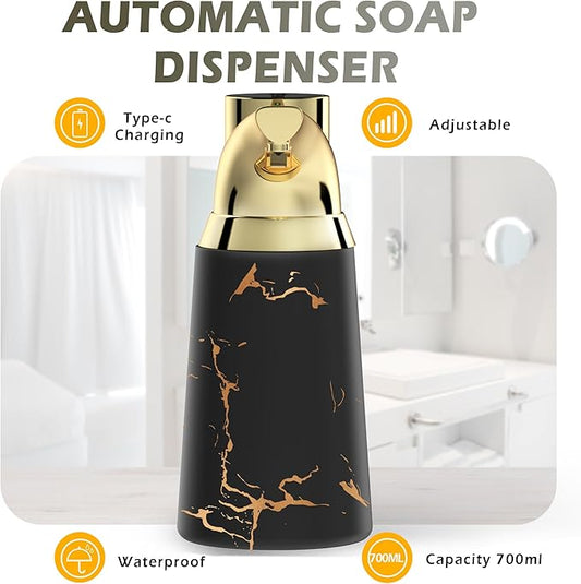 Adjustable Automatic Soap Dispenser Touchless, Ceramic Material,4 Adjustable Levels, Type-c Rechargeable Operated Sensor Liquid Soap Pump,Touch-Free Hand Sanitizer Dispenser (Black Gold)