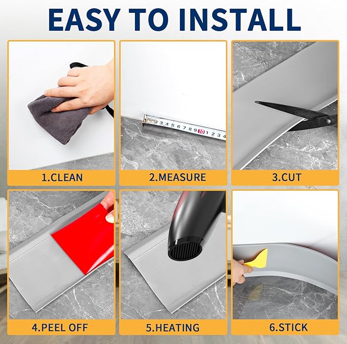 Flexible Baseboard Molding Trim 6 Inch Self-Adhesive Vinyl Wall Base Peel and Stick Cove Base Rubber Wall Baseboard Moulding Trim (20Ft, Gray)
