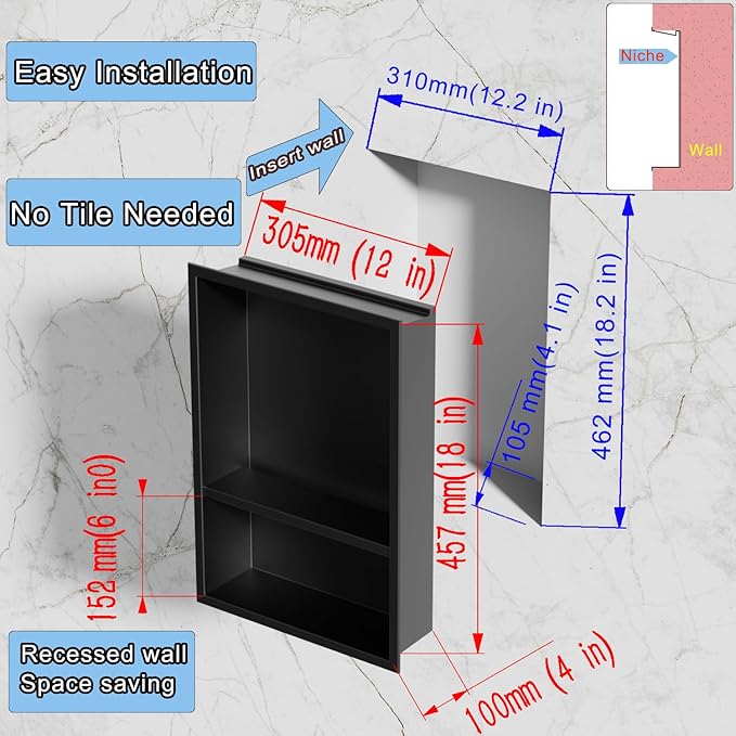 Black LED Shower Niche Stainless Steel 304 for Bathroom Storage Lighting,No Tile Need Recessed Wall Double-Shelves for Waterproof Lighting and Storage,Matte Black, 18" * 12"