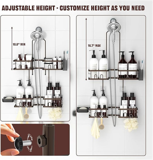 REINHARDT Adjustable Shower Caddy Hanging Rustproof Shower Caddy for Handheld Showerheads, Shower Organizer with Hooks Soap Holder, Anti-Swing Shower Rack Bathroom Accessories, Bronze
