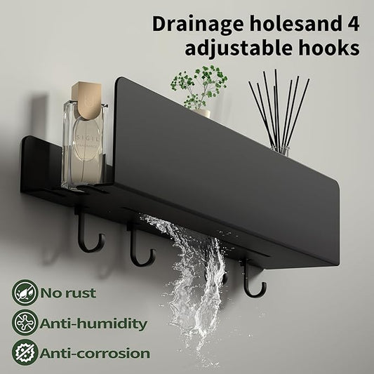 REKITA No Drill Shower Shelf Organizer, 40cm Stainless Steel Bathroom Storage with 4 Removable Hooks, Adhesive Wall Mounted Shower Caddy, Rustproof Bath Shelf for Bathroom Kitchen Living Room