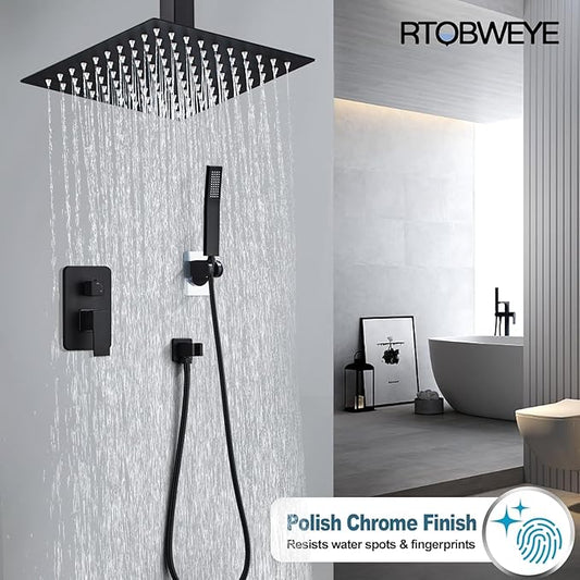 12 Inch Shower Faucet Set Ceiling Mount, High Pressure Rainfall Shower System, Square Rain Shower Spray Combo Luxury Shower Fixtures Matte Black