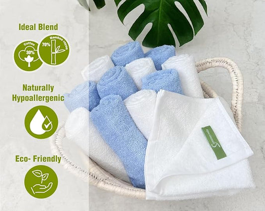 Washcloths 12 Pack 13" x 13" - Soft Wash Cloths for Your Face Towel, Wash Cloths for Your Body (White+Blue)