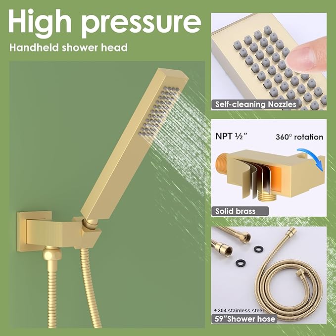 ENGA Dual Shower Head System with Tub Spout, Ceiling Mount 12 Inch Shower Head with 6 Inch Wall Mount Shower Head Shower Faucet Set, Brushed Gold