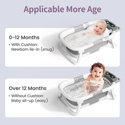 Collapsible Baby Bathtub for Newborn to Toddler (0-18 Months) - Foldable Baby Bath Tub with Soft Towel, Newborn& Infant Bathtub for Travel and Outdoor, Grey