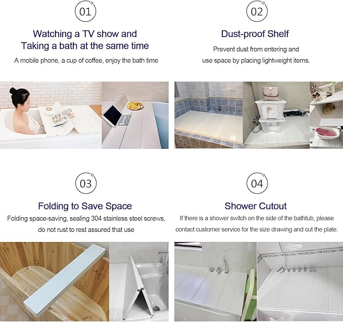 Adjustable Foldable Dust-Proof Bathtub Cover White,Waterproof Shutter Bathtub Tray & Laptop Desk 2 in 1 Fits Most Tubs,Modern Bath Tub Racks for Home (0.8Mx1.5M(31.5"x59"), 0.47in Thick)