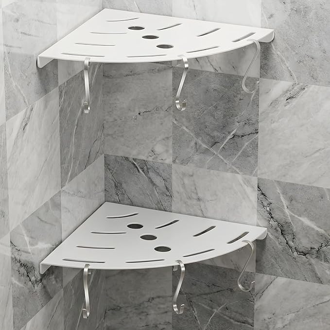 XIHLZYEH Corner Shower Shelves, 2 Pack 304 Stainless Steel Shower Shelf with 6 Hooks 40 lbs Heavy Duty, Durable Wall Mounted Organizer for Bathroom Drilling Installation(White