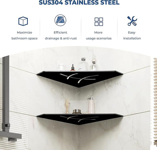FerdY 2-Pack 10" Matte Black Recessed Corner Shower Shelf, for Tiled Bathroom Walls, Floating Shower Shelf, 304 Stainless Steel Shower Caddy Storage Shelves, No Drilling Required, Irregular Diamond