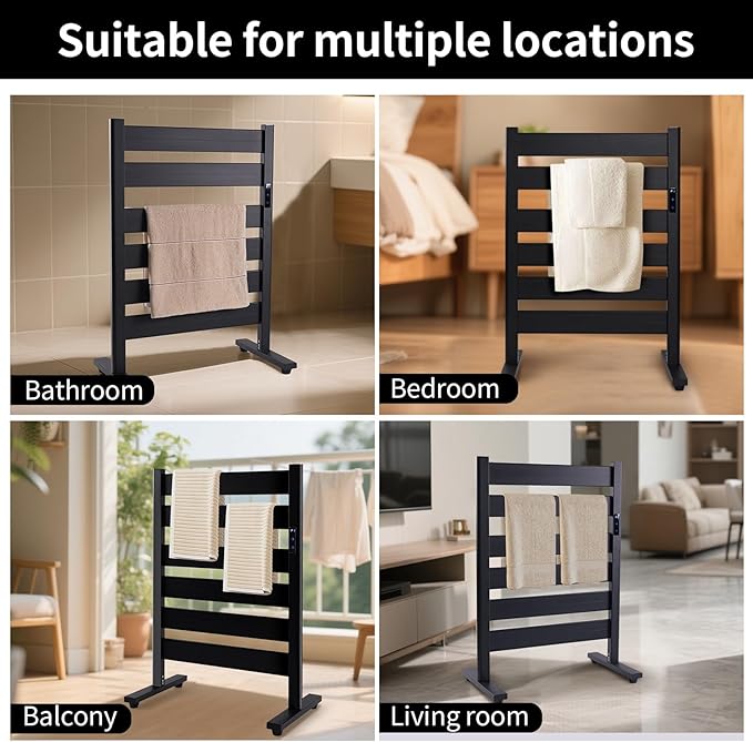 Towel Warmer Rack with 6 Widened Bars, Wall-Mounted Heated Towel Dryer with Timer, LED Display, 3 Temp Levels, Plug Overheat Protection, for Bathroom Spa Laundry (Matte Black)