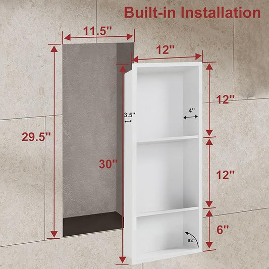 Shower Niche,12 * 30 Stainless Steel Elegant Bathroom Niche, No Tile Needed Recessed Shower Shelf Organizer for Storage,White