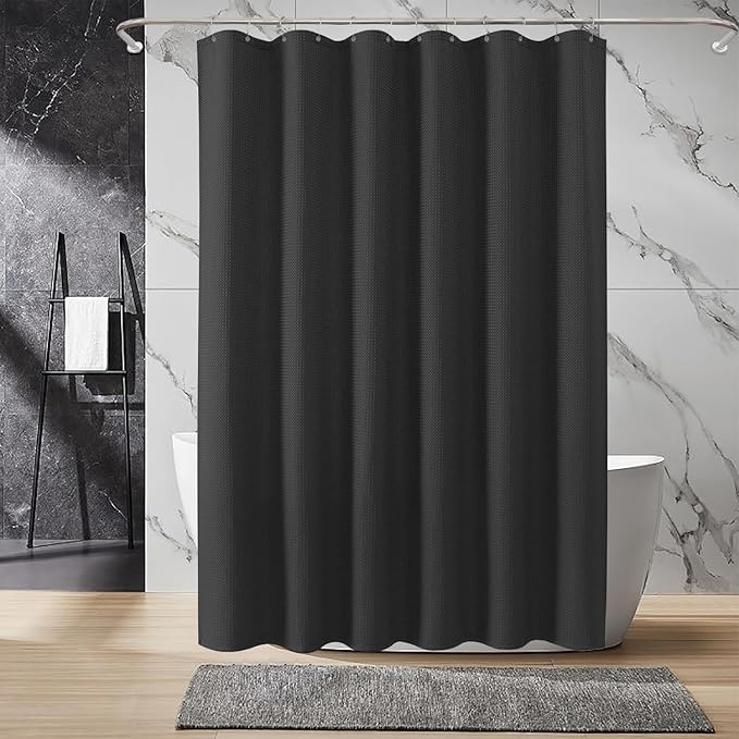 Inhousolu Fabric Shower Curtain Waffle Weave, 230 GSM Heavy Duty, Weighted Hem, 14 Metal Hooks, Water Repellent, Machine Washable, Hotel Spa Luxury Bath Curtain Set, 72 x 78 Inch, Black
