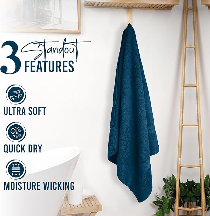 RIVERSIDE 100% Ring Spun Cotton Large Bath Towels Set of 4, 27 x 54 ā Quick Dry, Soft & Highly Absorbent Towels for Shower & Bathroom ā Luxury 600 GSM Towels for Home, Spa, Gym, Hotel, Blue Opal