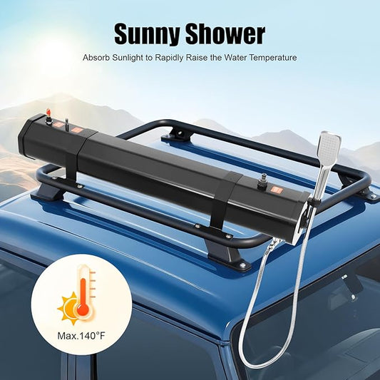Self-Pressurized Water Tank for Camping Showers 30L, Roof Rack Mount Road Shower with Hose & Shower Head, Vehicle Water Storage for Car, SUV, RV, Beach, and Off-Road Adventures