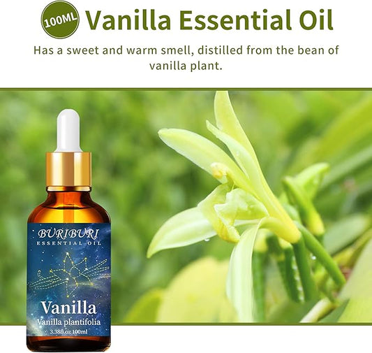 BURIBURI Pure Vanilla Essential Oil and Coconut Oil 100ml Organic Aromatherapy Oils 3.38 fl.oz Coconut Essential Oil for Diffuser Humidifier