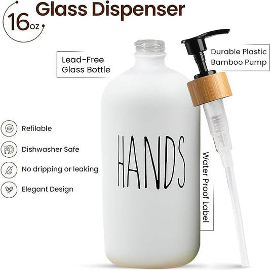 16 OZ Thick White & Black Glass Soap Dispenser, Bamboo Pump with Tray 2 Pack, Hand and Dish Soap Dispenser Set for Bathroom with 6 Waterproof Labels