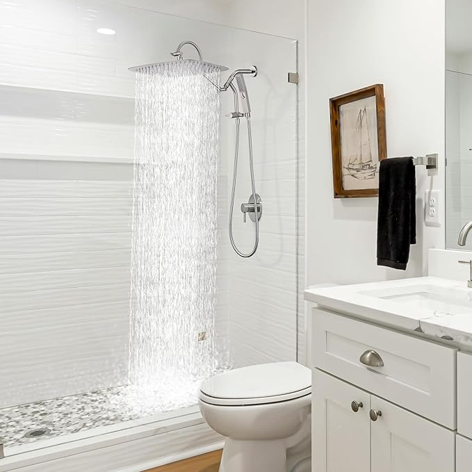 G-Promise All Metal 16 Inch Shower Head with Massage Mode Handheld, Rain Shower Head with Handheld Spray Combo, 3-Way Diverter with Pause Setting, 13 Inch Adjustable Extension Arm (Brushed Nickel)