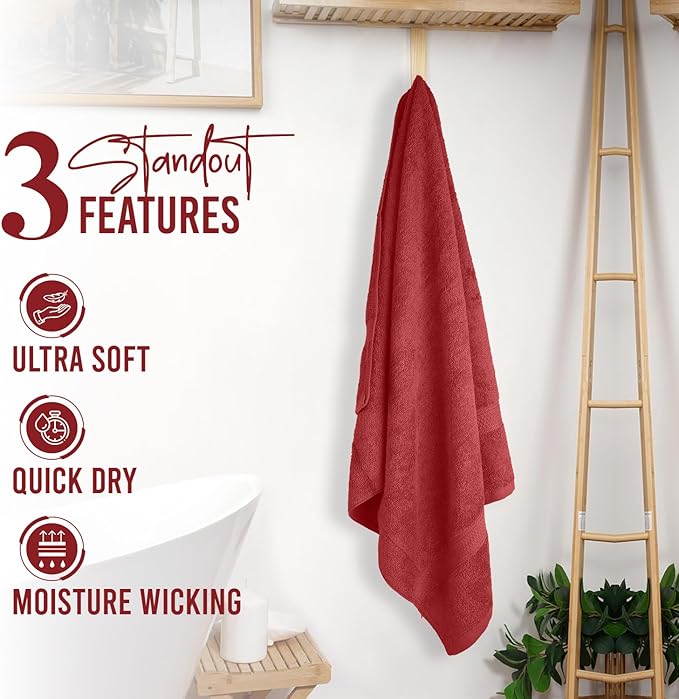 RIVERSIDE 100% Ring Spun Cotton Large Bath Towels Set of 4, 27 x 54 Inches ā Quick Dry, Soft & Highly Absorbent Towels for Shower & Bathroom ā Luxury 600 GSM Towels for Home, Spa, Gym, Hotel, Red