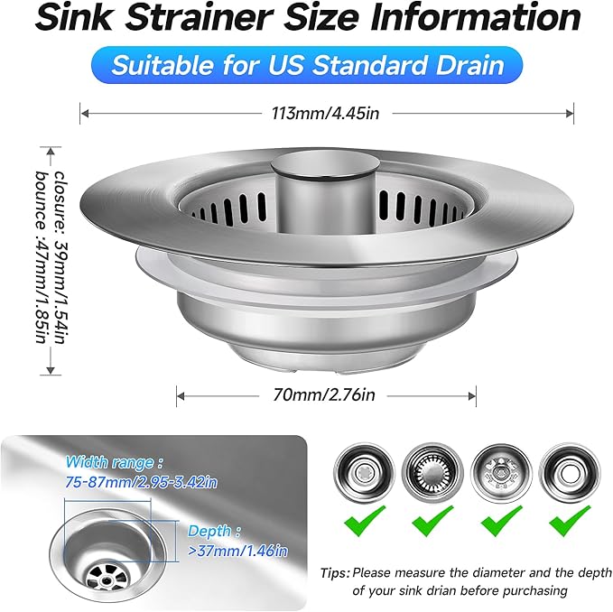 3 in 1 Kitchen Sink Drain Strainer Sink Stopper, Stainless Steel Sink Drain Strainer with Anti-Clogging Basket, Kitchen Sink Drain Filter Plug for US Standard 3-1/2 Inch Drain (2Pack)
