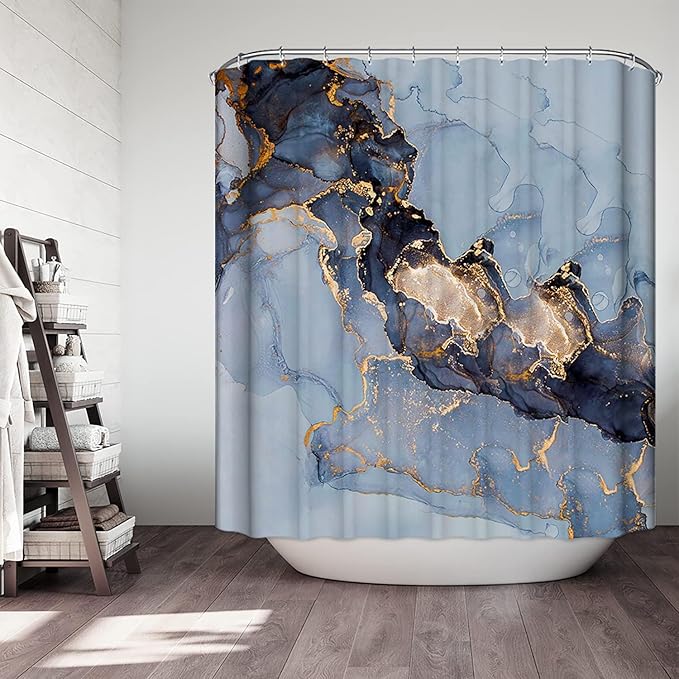 Domoku Blue Marble Shower Curtain 72x72 โ Blue and Gold Waterproof Fabric Shower Curtain with Hooks, Abstract Art Bathroom Decor, Machine Washable Curtain for Apartment, Guest Bath
