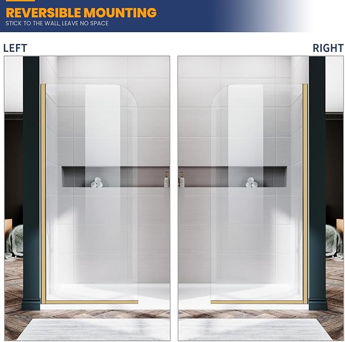 Glass Shower Panel, 36" W x 76" H Semi-Framed Fixed Shower Panel in Brushed Gold with 5/16"(8mm) Clear Tempered Glass Door, Simple Shower Door Panel for Bathroom