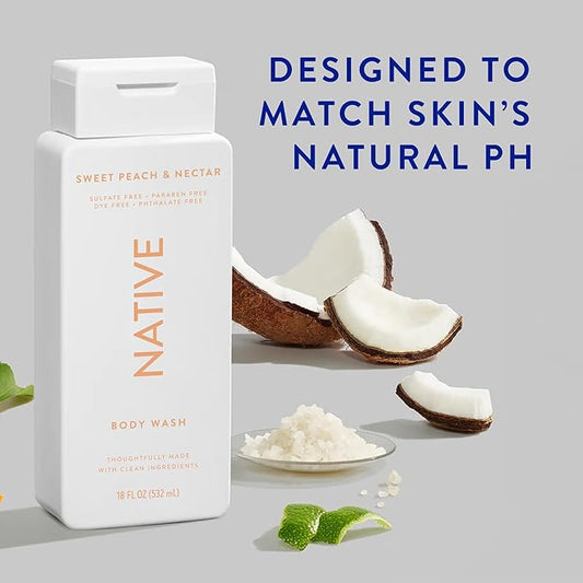 Native Body Wash Contains Naturally Derived Ingredients | For Women & Men, Sulfate, Paraben, & Dye Free Leaving Skin Soft and Hydrating | Sweet Peach & Nectar 18 oz - 2 Pk