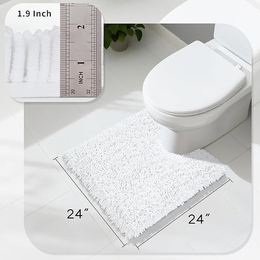 Yimobra Toilet Rugs U Shaped Washable, Extra Thick Soft Absorbent Chenille Contour Bathroom Rugs for Toilet 24x24 Inch, Quick Dry Non Slip Toilet Mat for Bath Floor, White