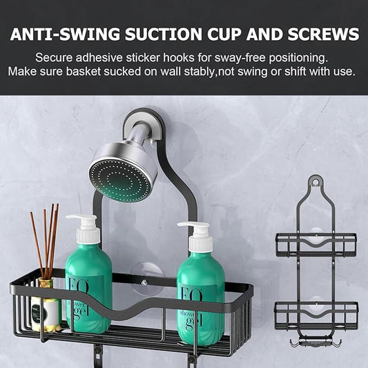 Kadolina Shower Caddy Hanging, Bathroom Organizer Rack, Shower Rack with Soap Dish, Over The Showerhead Caddy with Hooks for Razor/Sponge, Matte Black (Assembly Required)