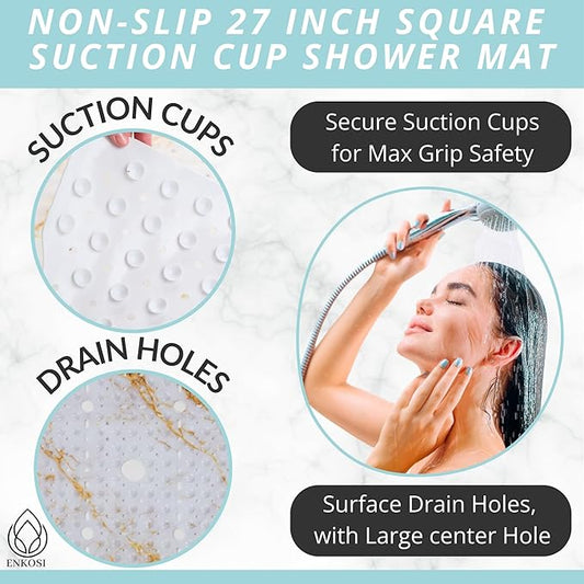 ENKOSI Square Shower Mat 27x27 inch - Anti Slip Shower Stall Floor Mat - Non Slip Shower Mats with Strong Secure Suction Cups and Drain Holes in Middle (27x27 Marble White Gold)