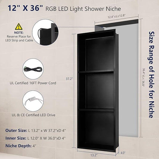 12" X 36" RGB LED Shower Niche No Tile Needed, 304 Stainless Steel Shower Niche Insert Tile Ready, Recessed Wall Shelf for Bathroom Storage Organizer with Remote Control, Matte Black