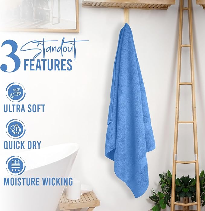 RIVERSIDE 100% Ring Spun Cotton Large Bath Towels Set of 4, 27 x 54 Inches ā Quick Dry, Soft & Highly Absorbent Towels for Shower & Bathroom ā Luxury 600 GSM Towels for Home, Spa, Gym, Medium Blue