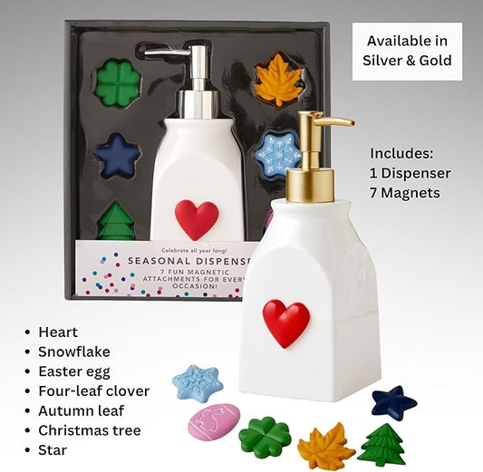 SKL Home Seasonal Soap/Lotion Dispenser Gift Set with 7 Interchangeable Magnetic Holiday Attachments, Refillable for Bathroom & Kitchen, Gold