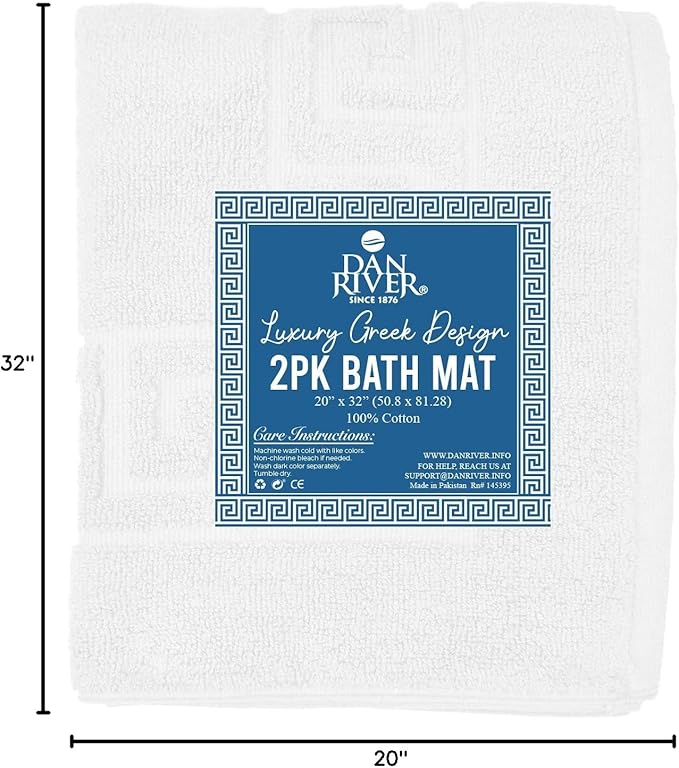 DAN RIVER Greek Cotton Bath Mats Set of 2 ā Not a Bathroom Rug, Ultra Soft, Highly Absorbent & Machine Washable Bath Mat Towel for Bathroom Floor Mat ā Durable, Quick-Dry, 21x34 Inches, White