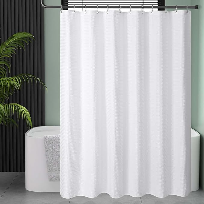AmazerBath Waffle Shower Curtain White, Stall Shower Curtain, Heavy Duty Fabric Shower Curtains, Hotel Quality Bathroom Shower Curtains, 60 x 72 Inches