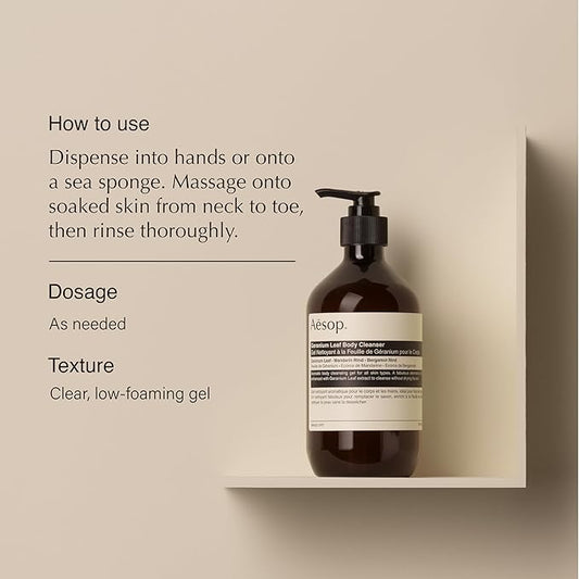 Aesop Geranium Leaf Body Cleanser | For All Skin Types To Cleanse Without Drying Out | Geranium Leaf, Mandarin Rind, Bergamot Rind | 16.9 oz / 500mL