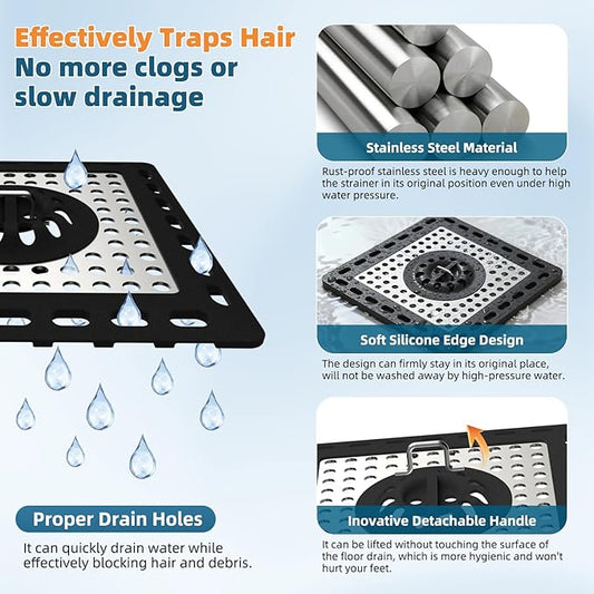 Hibbent 2 Pack Upgraded Shower Drain Hair Catcher, Shower Drain Cover for Bathroom Floor 4" Drain, Anti-Clogging Bathtub Drain Strainer, Stainless Steel Kitchen Sink Drain Strainer with Handle, Black