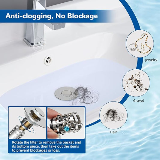 Hibbent Upgraded 3 in 1 Bathroom Sink Drain Strainer, Universal Pop Up Stopper with Removable Stainless Steel Filter Basket Hair Catcher, Sink Plug for 1.1''~2.36'' Basin, Brass Bullet Core, Chrome