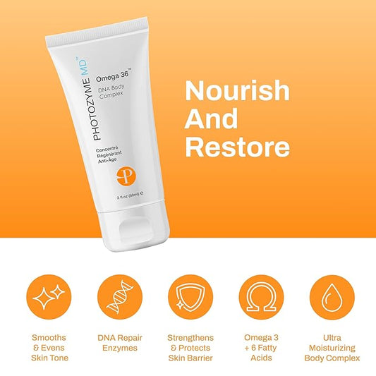Photozyme Omega 36 Body Complex – Anti-Aging Body Cream with Omega 3,6, Ceramides & DNA Repair Enzymes – Hydrating, Firming, Nourishing, Fragrance Free, Unscented – 2 fl oz